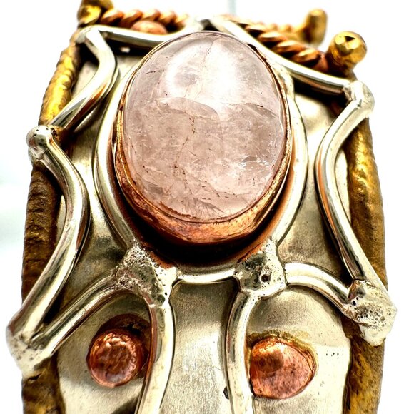 Handcrafted Bronze Copper Zinc Bracelet Genuine Rose Quartz Adjustable - Picture 8 of 14
